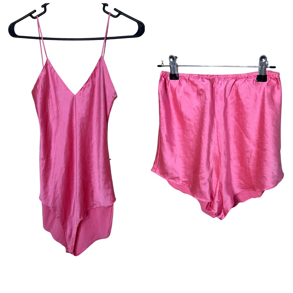Vintage Epitome Hot Pink 100% Silk Pajama Set Bodysuit and Shorts Women Small